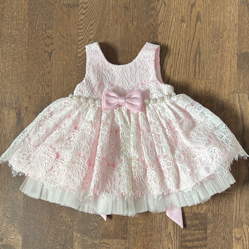 American Princess Pink and White Lace Bow Formal Dress